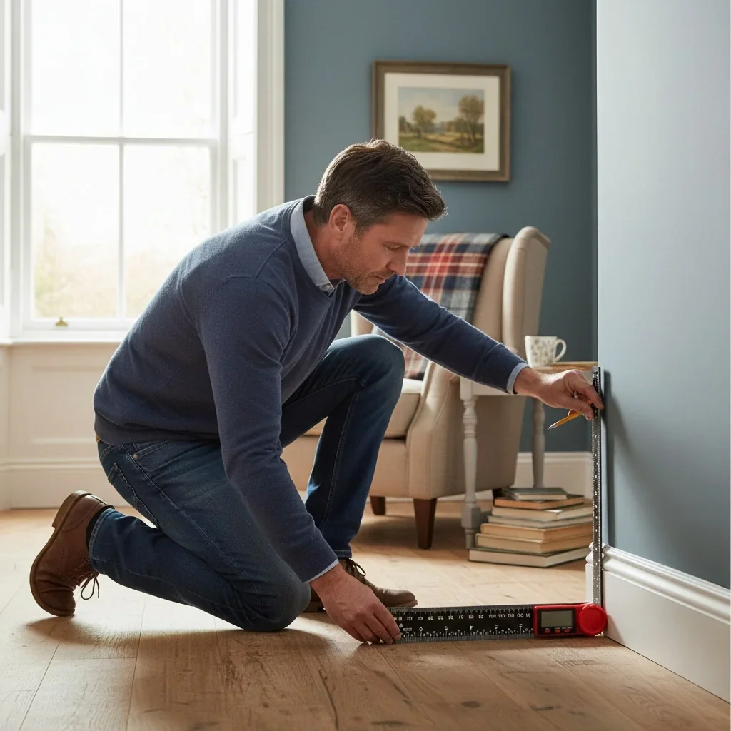 A tradesperson using a LEXIVON measuring tool against an interior wall, demonstrating practical use in a UK home renovation